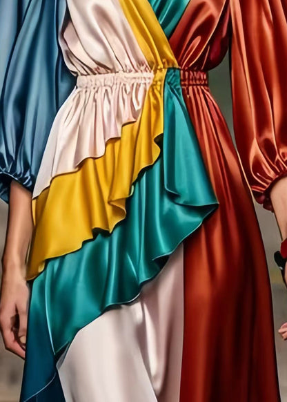 Diy Colorblock Elastic Waistpatchwork Silk Long Dress Bracelet Sleeve