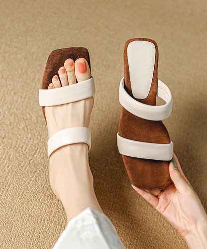 Wedge Beige Cowhide Leather Slide Sandals Peep Toe