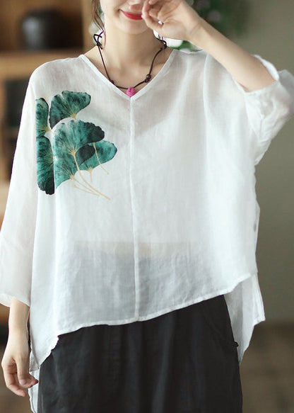 White V Neck Print Linen Shirt Top Batwing Sleeve