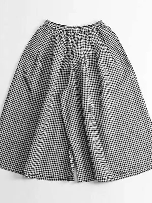 Retro Cotton Linen Plaid Wide Leg Pants
