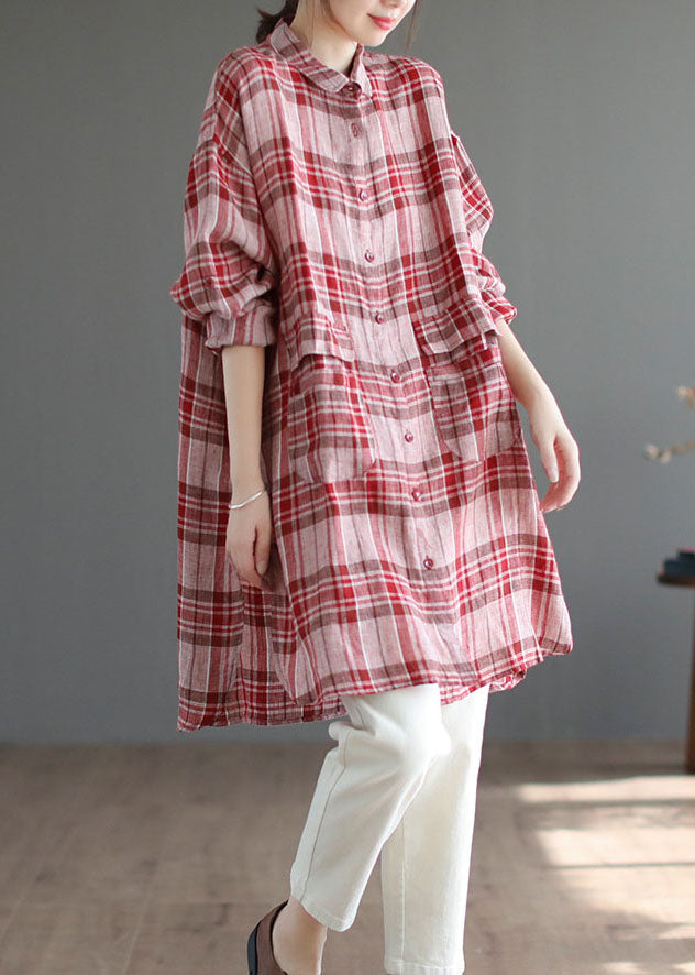 Red Plaid Peter Pan Collar Linen Blouses Spring