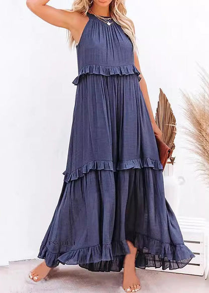 Navy Ruffled Patchwork Cotton Long Dresses Sleeveless