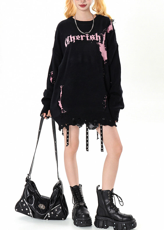 Diy Black Oversized Patchwork Ripped Sweater Winter