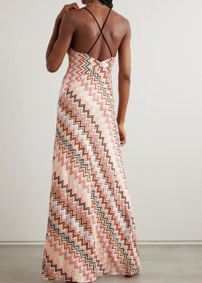 Stylish V Neck Striped Backless Cotton Long Dresses Sleeveless