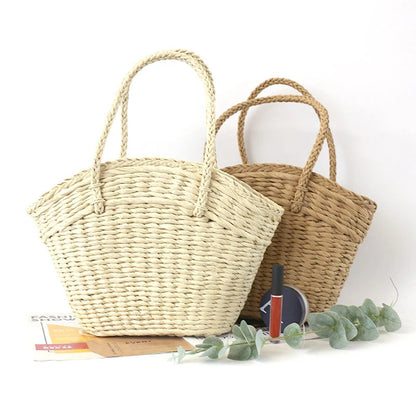 Summer New Straw Woven Braided Top Handle Travel Shopping Bucket Simple Large Handbags