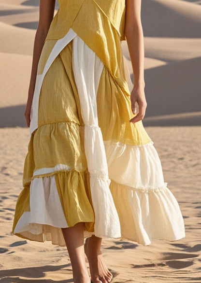Yellow Asymmetrical Patchwork Cotton Spaghetti Strap Dress Summer