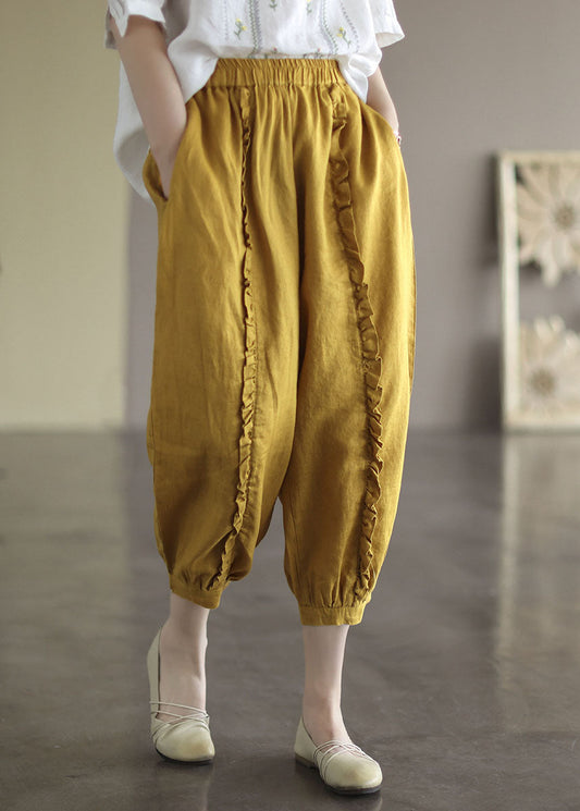 Yellow Elastic Waist Ruffled Pockets Linen Harem Pants Summer