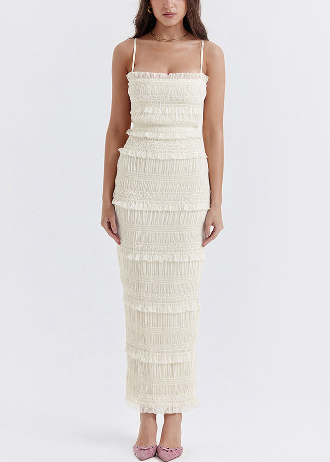Fitted White Ruffled Patchwork Spaghetti Strap Dress Summer