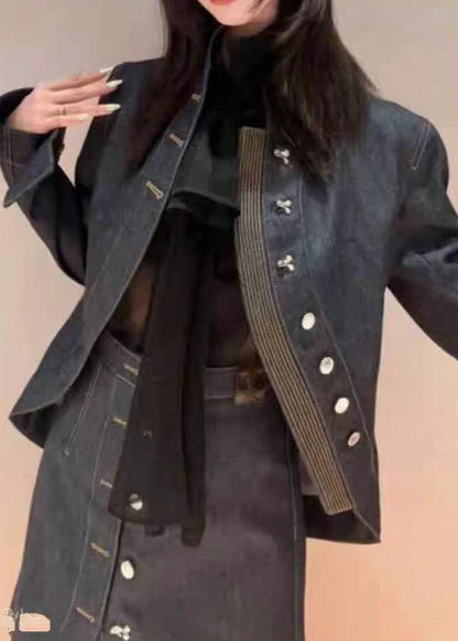 Blue Turtleneck Asymmetrical Patchwork Denim Coats and Skirts Two Pieces Set Fall