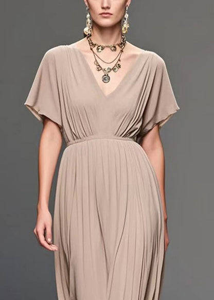 Apricot V Neck Wrinkled Chiffon Long Dress Summer
