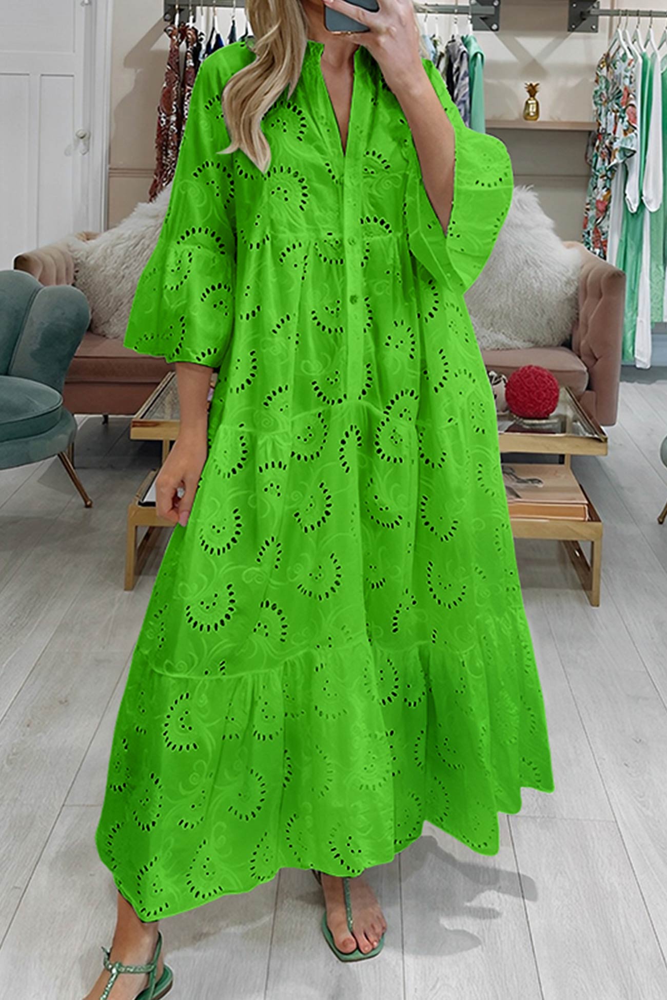 V Neck Flares Sleeve Embroidery Cotton Dress