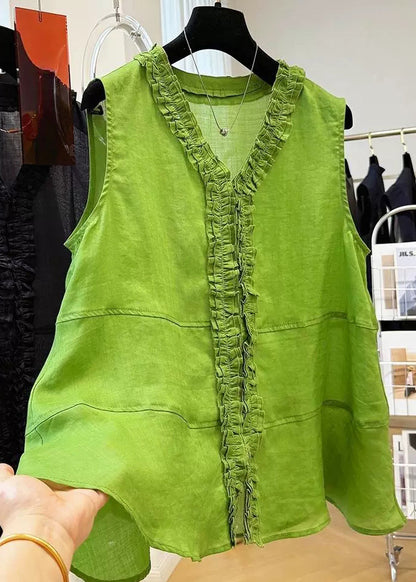 Loose Green V Neck Ruffled Cotton Shirt Sleeveless
