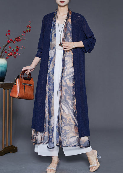 Navy Patchwork Silk Cardigan Fake Two Piece Summer