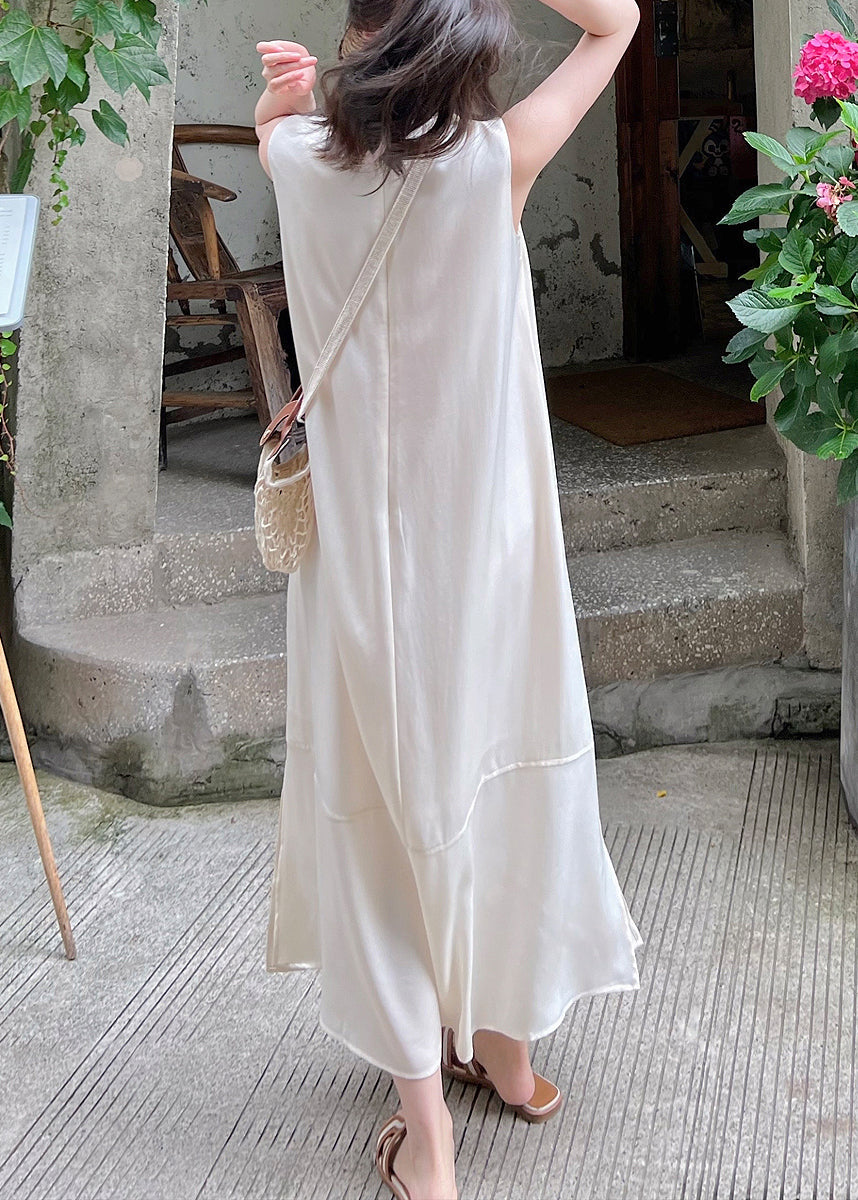 White O-neck Side Open Silk Long Dress Sleeveless