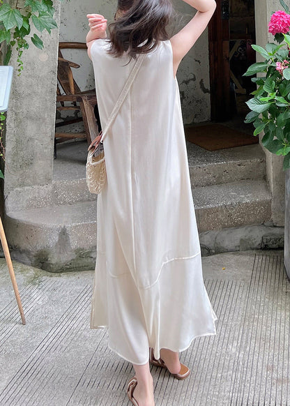 White O-neck Side Open Silk Long Dress Sleeveless