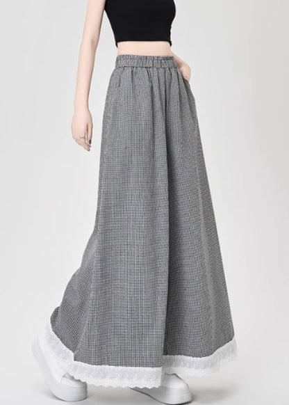 French Black Plaid Lace Patchwork Cotton Wide Leg Pants Summer