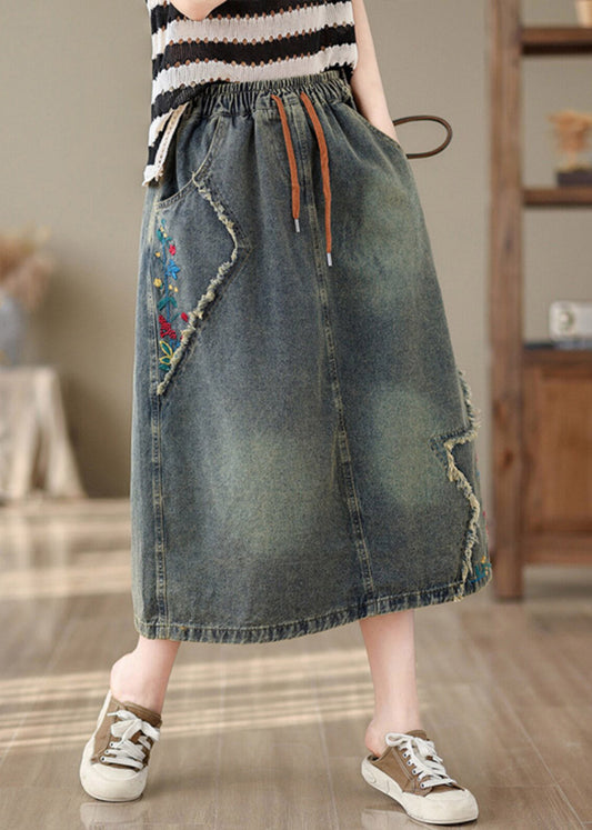 Denim Blue Pockets Patchwork Tie Waist Maxi Skirt Summer