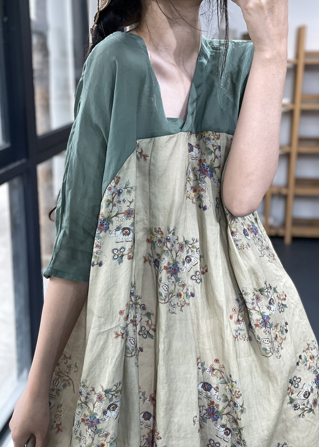 Apricot V Neck Print Patchwork Ramie Linen Dresses Summer