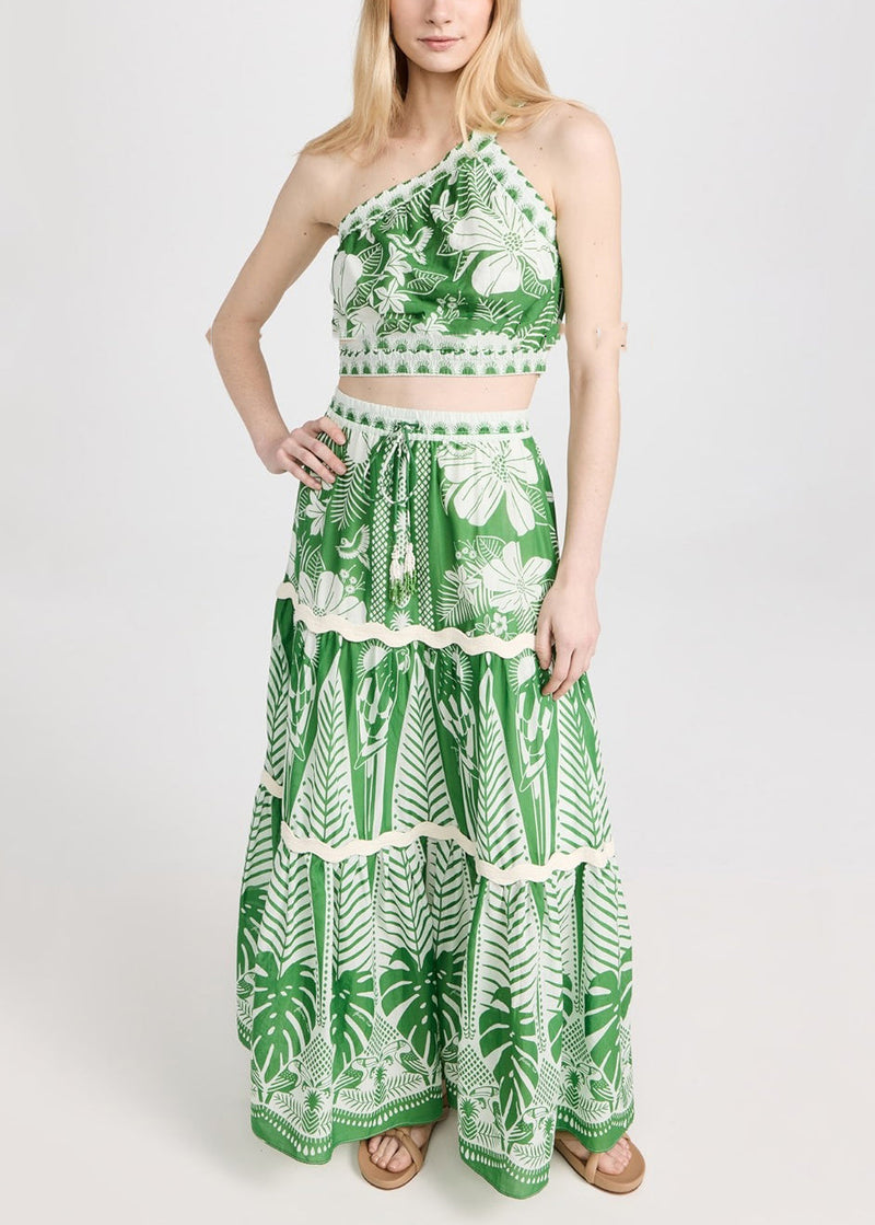 Italian Green One Shoulder Print Top and Maxi Skirts Two Pieces Set Sleeveless