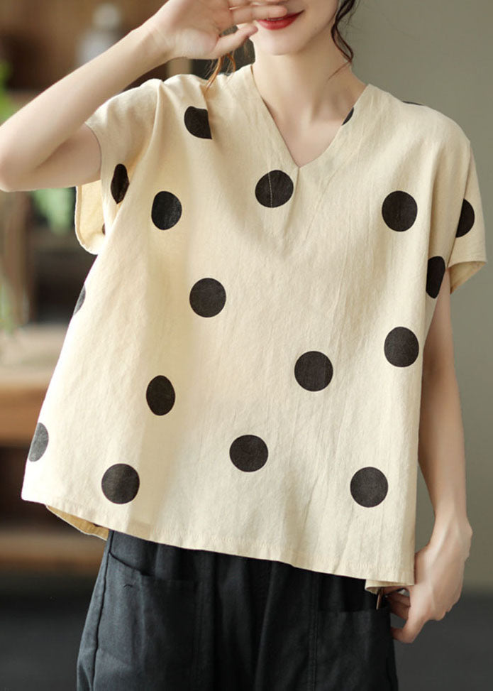 Light Khaki V Neck Print Patchwork Linen T Shirt Tops Summer