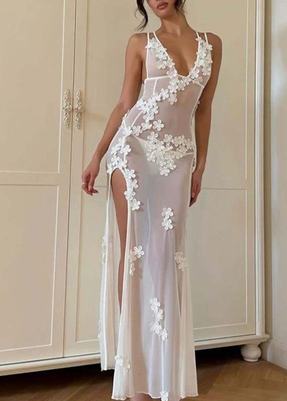 White Strapless Bikini Flower Side Open Long Swimwear Dresses
