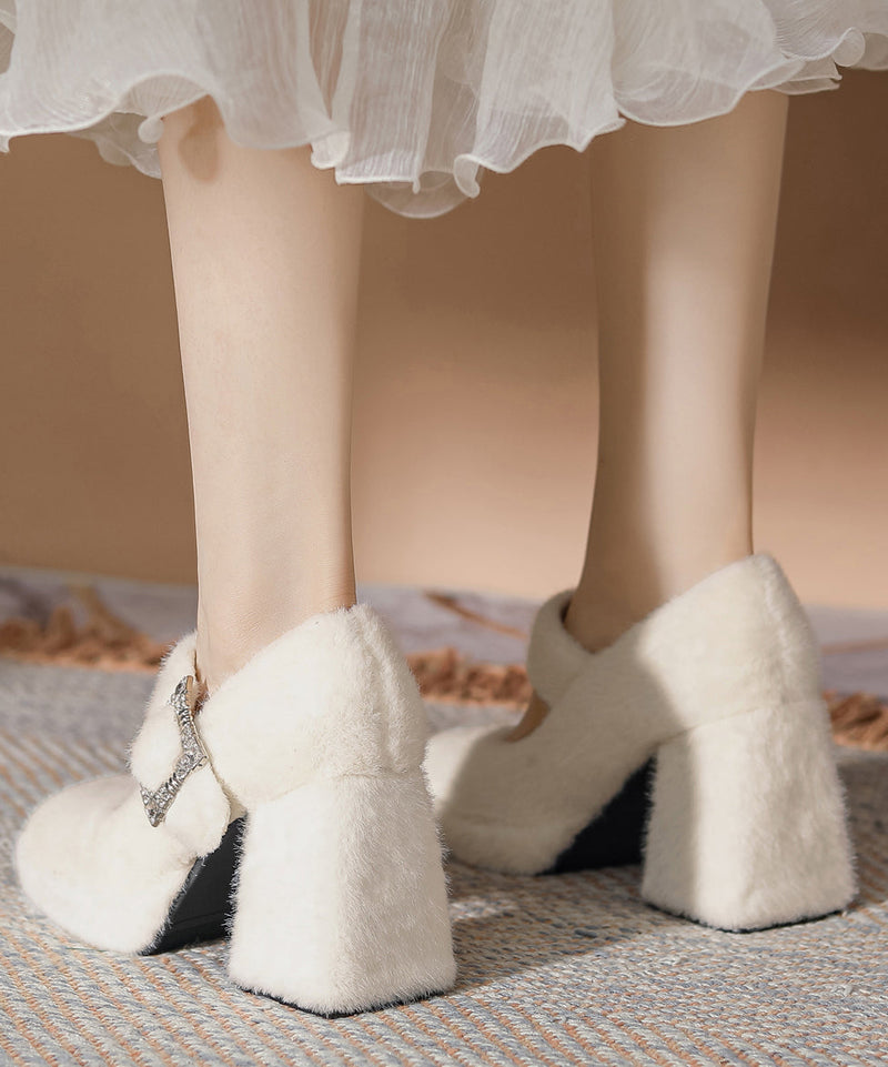 Buckle Strap Splicing Chunky High Heels Apricot Rabbit Wool