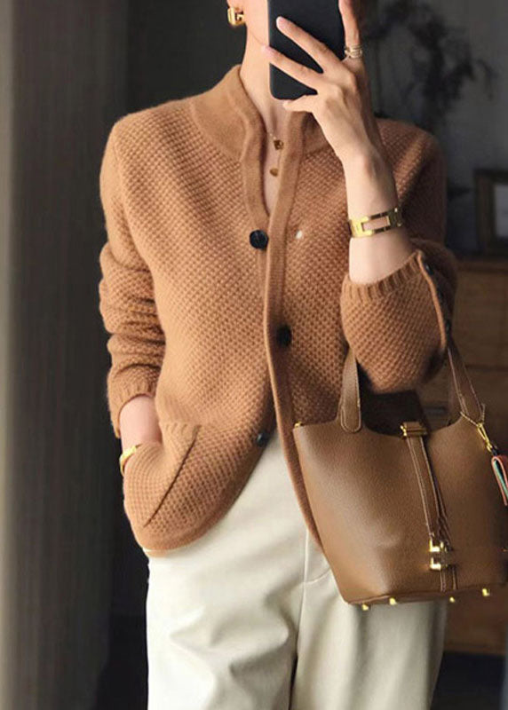 Stylish Brown Stand Collar Slim Fit Button Cashmere Cardigans Spring