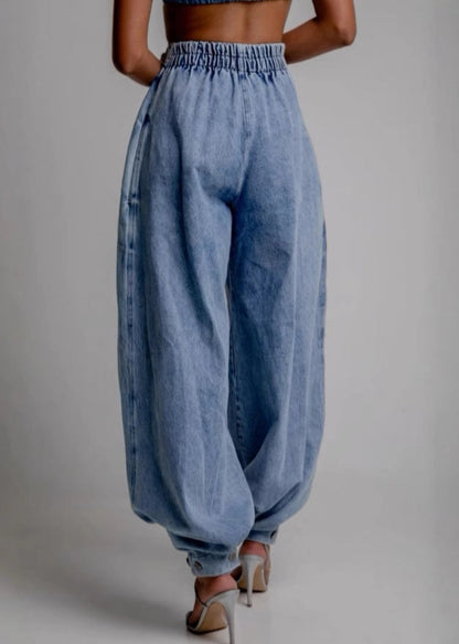 Blue Zippered Pockets High Waist Denim Wide Leg Pants Button