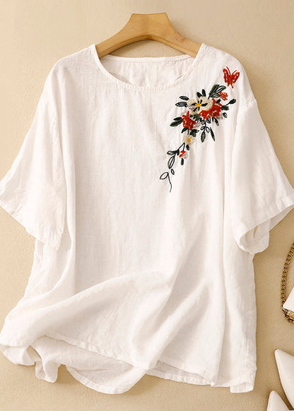 Khaki O Neck Embroidered Linen T Shirts Summer