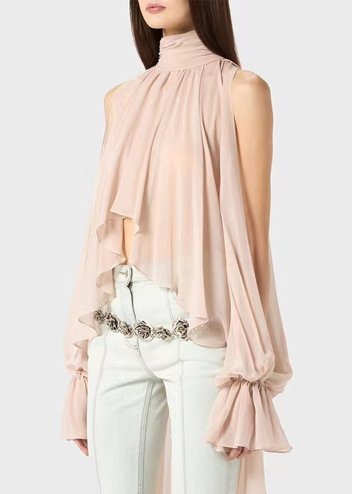 Pink Lace Up Chiffon Fall Shirt Asymmetrical