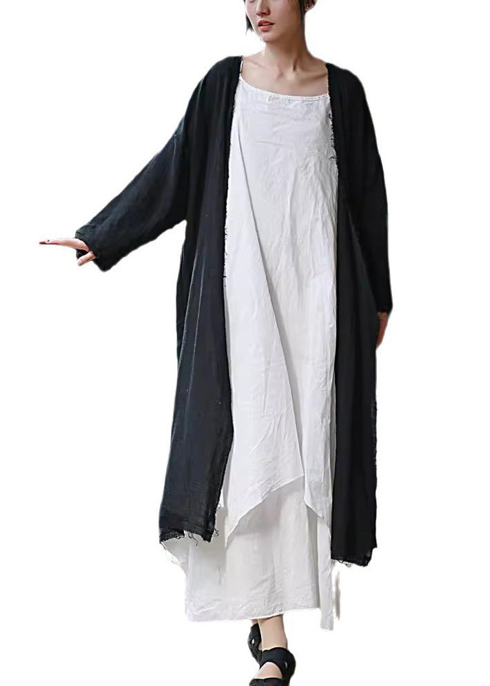 Beige Tasseled Pockets Linen Cardigan Long Sleeve