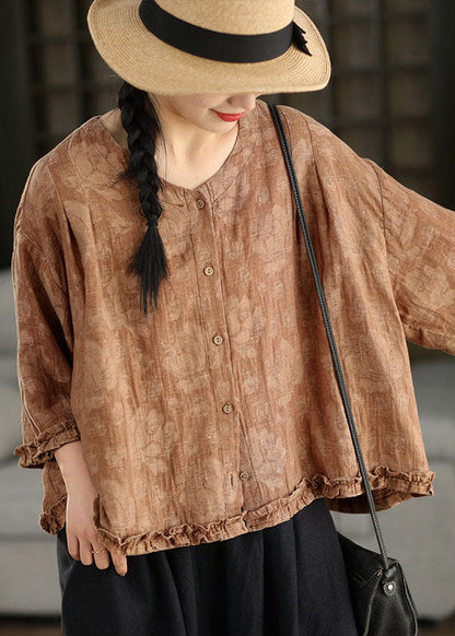 Green Ruffled Jacquard Linen Blouses Bracelet Sleeve