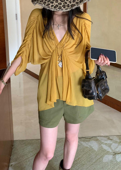 Yellow V Neck Wrinkled Shirt Batwing Sleeve