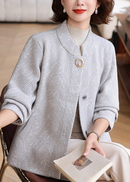 Light Grey O-neck Striped Knit Cardigan Fall