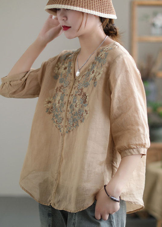 Khaki Embroidered Lace Patchwork Linen Shirt Top Half Sleeve