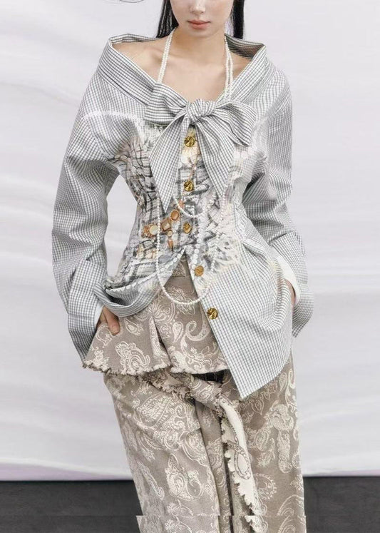 Cold Shoulder Plaid Cotton Fake Two Piece Shirt Top Spring