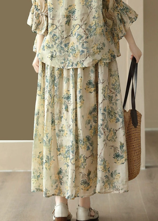 Yellow Wrinkled Pockets Print Patchwork Linen Skirt Summer