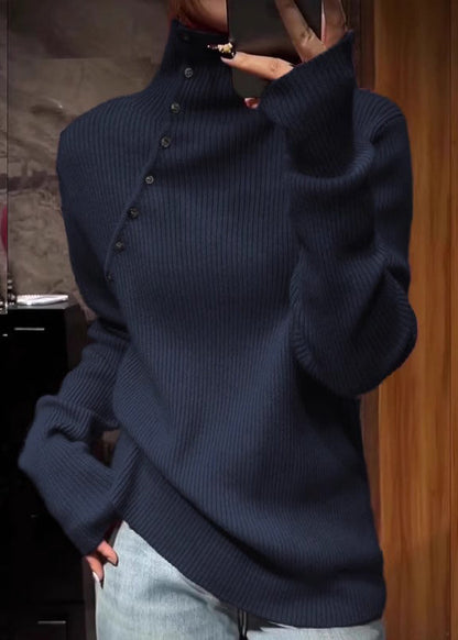 Navy High Neck Knit Sweater Tops Spring