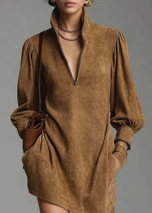 New Khaki Stand Collar Zip Up Patchwork Faux Suede Mini Dress Fall
