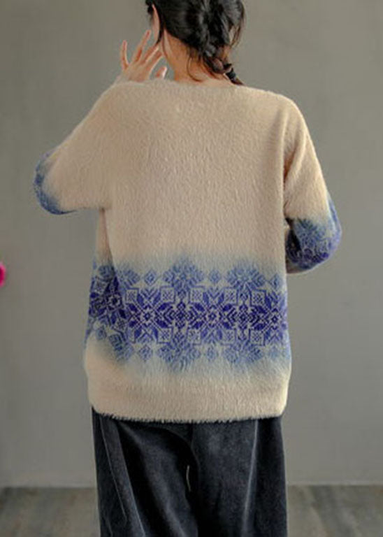 Milk Tea Color O-neck Print Thick Mink Hair Knitted Tops Long Sleeve