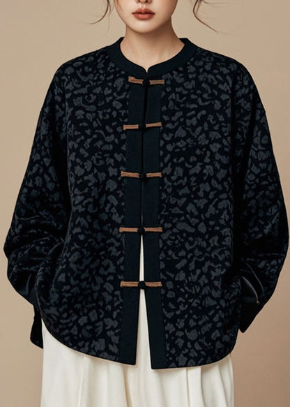 Handmade Black O-neck Patchwork Button Coats Fall