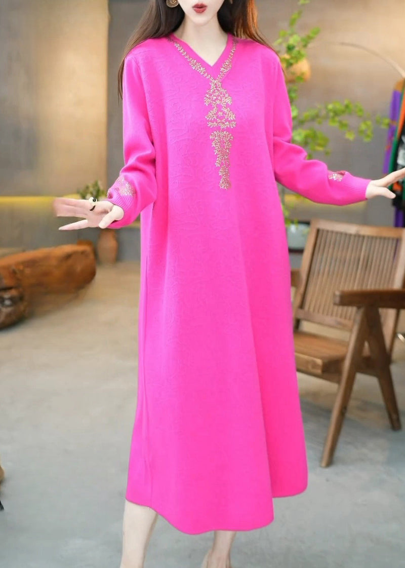 Rose V Neck Zircon Knit Long Dress Winter