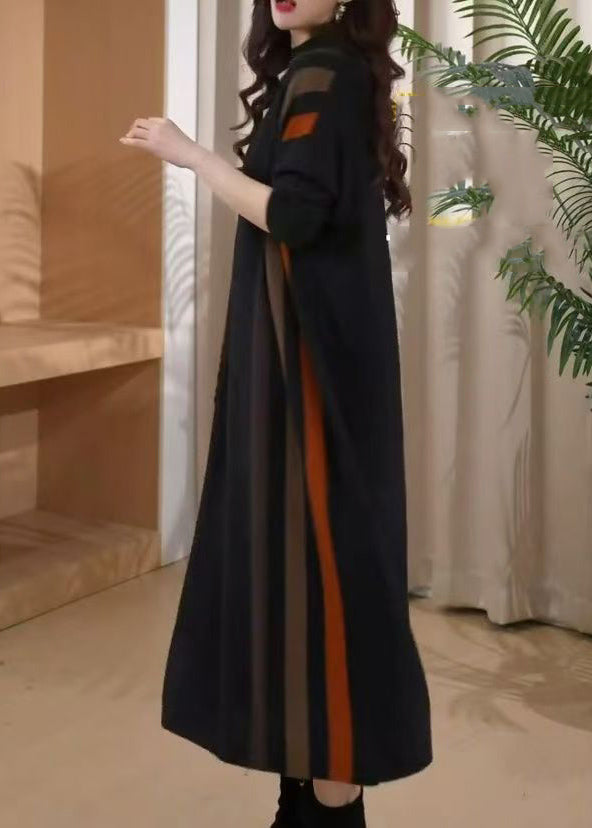 Black O-neck Striped Patchwork Thick Cotton Knit Long Dress Winter