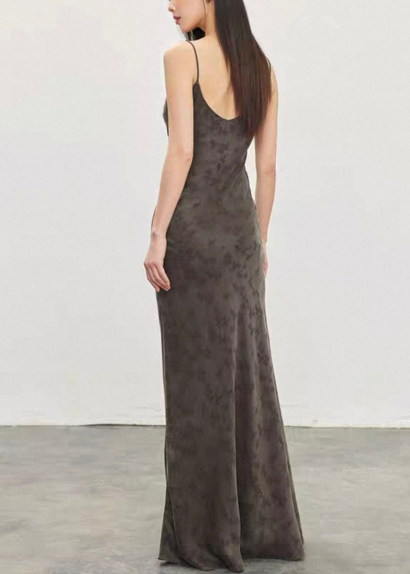 Jacquard Dark Gray Backless High Waist Cotton Spaghetti Strap Dress Sleeveless