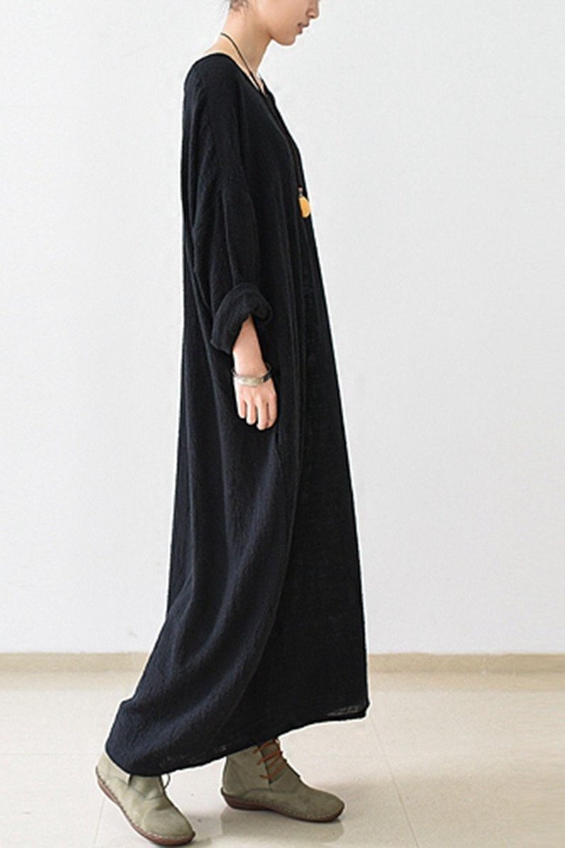 Fall Thin Black Linen Dresses Long Sleeve Linen Caftans Gown