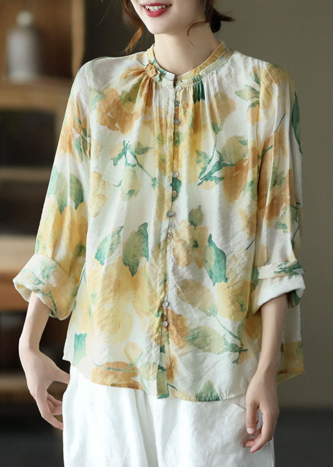 Green Print Wrinkled Button Patchwork Cotton Top Spring