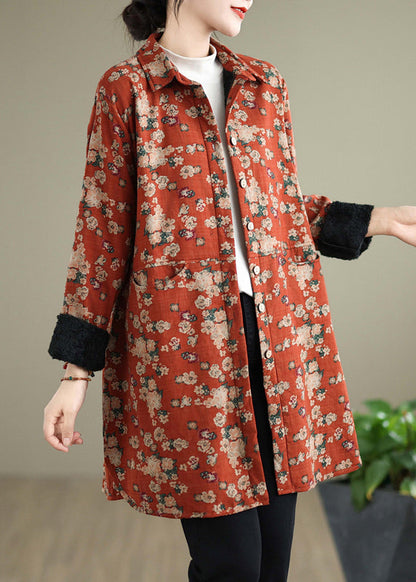 Orange Peter Pan Collar Print Warm Fleece Shirts Coat Spring