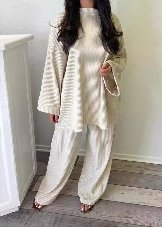 Simple Beige O Neck Tops and Pants Corduroy Two Piece Suit Set Fall