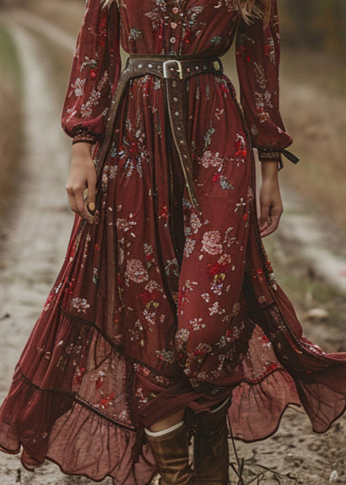 Mulberry V Neck Print Chiffon Long Dress Fall