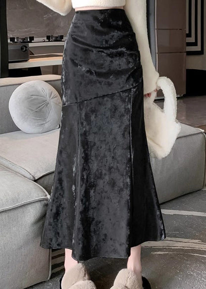 Khaki High Waist Patchwork Silk Velvet Fishtail Skirt Fall